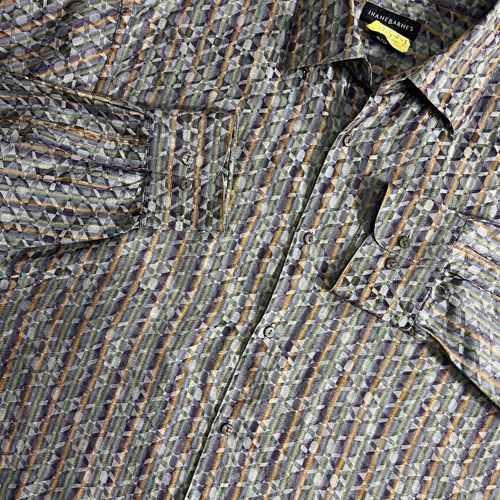 Jhane Barnes Mens XL Geometric Jacquard Long‎ Sleeve Button Down Shirt Blue Gold
